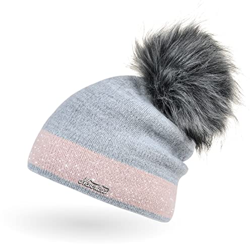 Neverless Damen Strick-Mütze gefüttert mit Fell-Bommel Kunstfell Winter-Mütze Feinstrick Glitzer-Garn Bommelmütze grau-rosa Unisize von Neverless