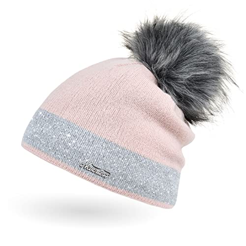 Neverless Damen Strick-Mütze gefüttert mit Fell-Bommel Kunstfell Winter-Mütze Feinstrick Glitzer-Garn Bommelmütze rosa-grau Unisize von Neverless