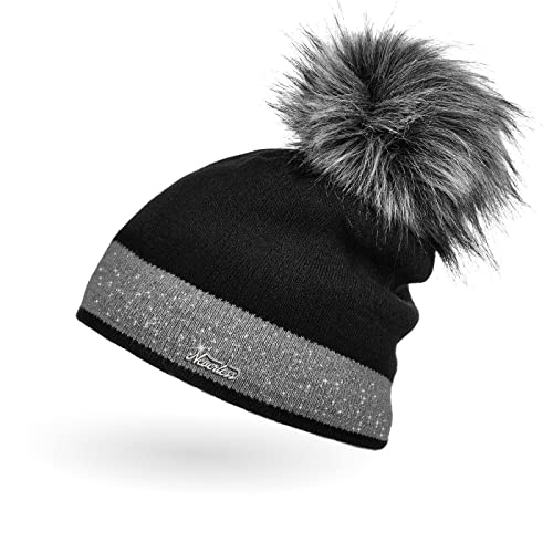 Neverless Damen Strick-Mütze gefüttert mit Fell-Bommel Kunstfell Winter-Mütze Feinstrick Glitzer-Garn Bommelmütze schwarz-dunkelgrau Unisize von Neverless