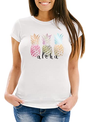 Neverless Damen T-Shirt Aloha Ananas Print Pineapple bunt Slim Fit weiß XS von Neverless