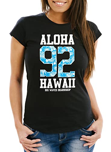 Neverless Damen T-Shirt Aloha Hawaii Summer Palm Leafs Slim Fit schwarz XL von Neverless