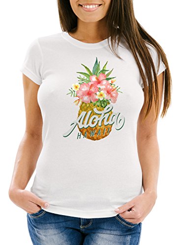 Neverless Damen T-Shirt Ananas Aloha Hawaii Blumen Tropical Jungle Paradise Slim Fit tailliert Baumwolle weiß XL von Neverless