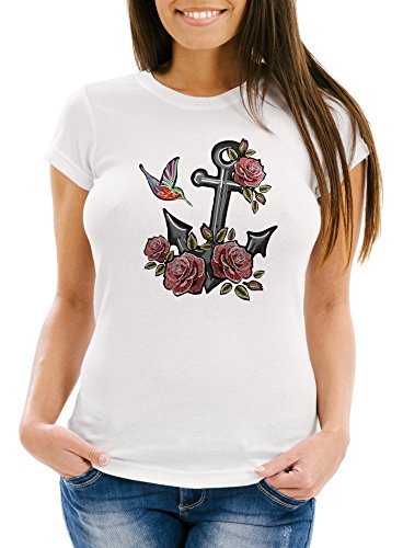 Neverless Damen T-Shirt Anker Rosen Patch Tropical Anchor Stick-Optik Slim Fit weiß S von Neverless