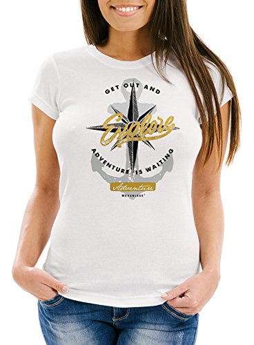 Neverless Damen T-Shirt Anker Windrose Go Out and Explore Adventure Abenteuer Slim Fit tailliert Baumwolle weiß L von Neverless