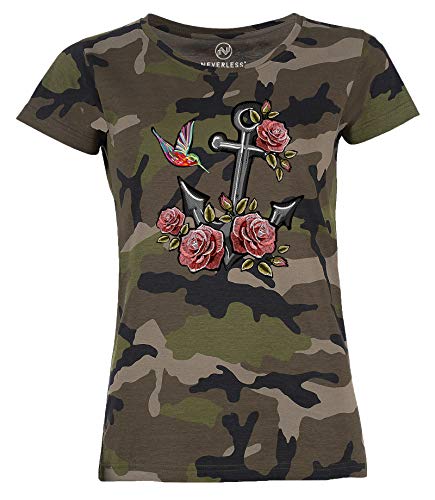 Neverless Damen T-Shirt Camouflage Anker Rosen Patch Tropical Anchor Stick-Optik Camo-Shirt Tarnmuster schwarz L von Neverless