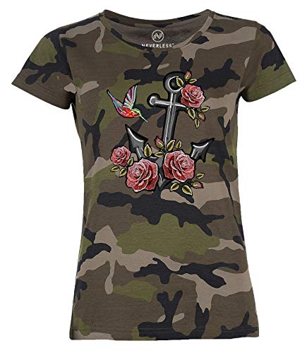 Neverless Damen T-Shirt Camouflage Anker Rosen Patch Tropical Anchor Stick-Optik Camo-Shirt Tarnmuster schwarz XL von Neverless
