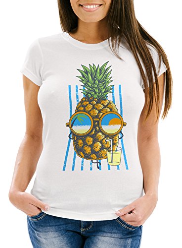 Neverless Damen T-Shirt Chilling Ananas Pinapple Sommer Beach Cocktail Slim Fit weiß XL von Neverless