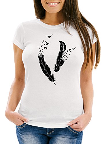 Neverless Damen T-Shirt Feder Vögel Feather Birds Slim Fit weiß S von Neverless