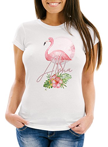 Neverless Damen T-Shirt Flamingo Aloha Tropical Summer Jungle Paradise Hummingbird Slim Fit tailliert Baumwolle weiß M von Neverless
