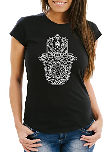 Neverless Damen T-Shirt Hamsa Hand der Fatima Glücksbringer Symbol Slim Fit schwarz L von Neverless
