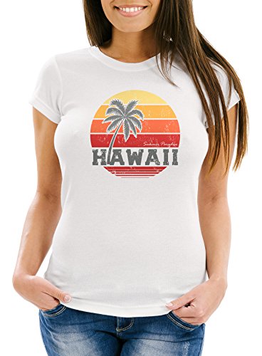 Neverless Damen T-Shirt Hawaii Palme Tropical Summer Retro Slim Fit Baumwolle weiß XL von Neverless