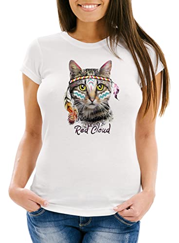 Neverless Damen T-Shirt Katze Boho Federn Cat Indianer Slim Fit weiß XL von Neverless