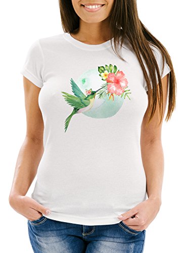 Neverless Damen T-Shirt Kolibri Vogel Tropical Summer Jungle Paradise Hummingbird Slim Fit tailliert Baumwolle weiß XXL von Neverless