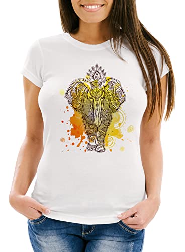 Neverless Damen T-Shirt Mandala Elefant Elephant Boho Ethno Slim Fit weiß-bunt L von Neverless