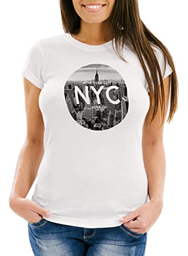 Neverless Damen T-Shirt NYC New York City Manhatten Skyline Fotoprint Slim Fit weiß XL von Neverless