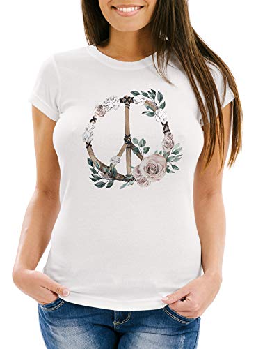 Neverless Damen T-Shirt Peace-Symbol Blumen Flowerpower Hippie Boho Bohemian Slim Fit weiß L von Neverless