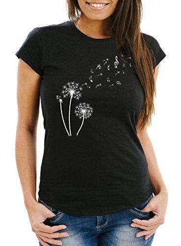 Neverless Damen T-Shirt Pusteblume Musiknoten Noten Musik Dandelion Slim Fit tailliert Baumwolle schwarz L von Neverless