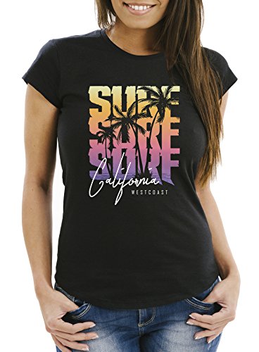 Neverless Damen T-Shirt Sommer Surf California Palmen Slim Fit schwarz-gelb L von Neverless