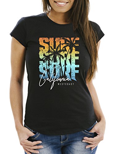 Neverless Damen T-Shirt Sommer Surf California Palmen Slim Fit schwarz-türkis L von Neverless