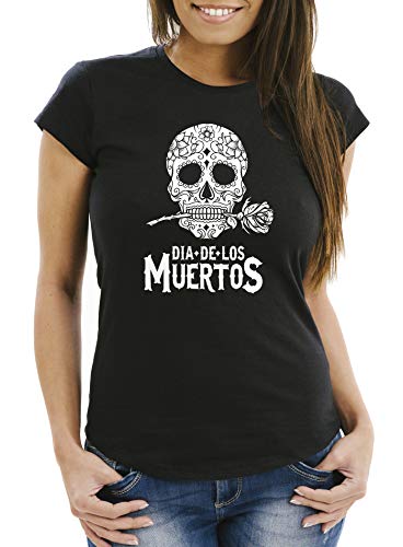 Neverless Damen T-Shirt Sugar Skull Dia De Los Muertos Totenkopf mit Blumen Slim Fit schwarz XS von Neverless