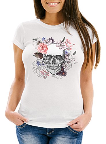 Neverless Damen T-Shirt Totenkopf Blumen Flower Skull Boho Schädel Slim Fit weiß L von Neverless