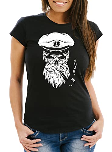 Neverless Damen T-Shirt Totenkopf Kapitän Captain Skull Bard Hipster Original Spirit Seemann Slim Fit schwarz L von Neverless