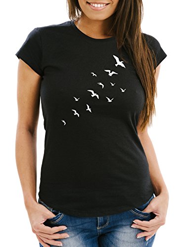 Neverless Damen T-Shirt Vögel Birds Fly Slim Fit schwarz M von Neverless