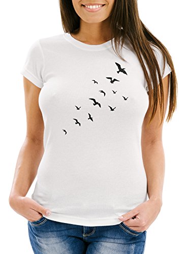 Neverless Damen T-Shirt Vögel Birds Fly Slim Fit weiß M von Neverless