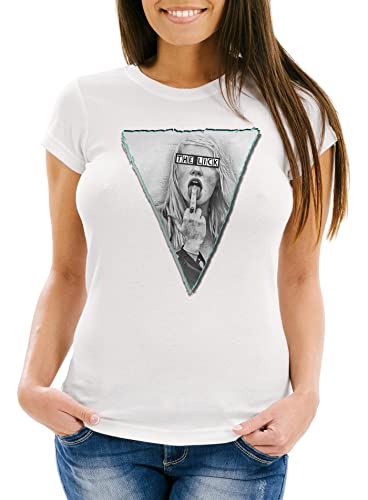 Neverless Damen T-Shirt mit Frau die Mittelfinger zeigt The Lick Fuck Off Stinkefinger Slim Fit weiß M von Neverless