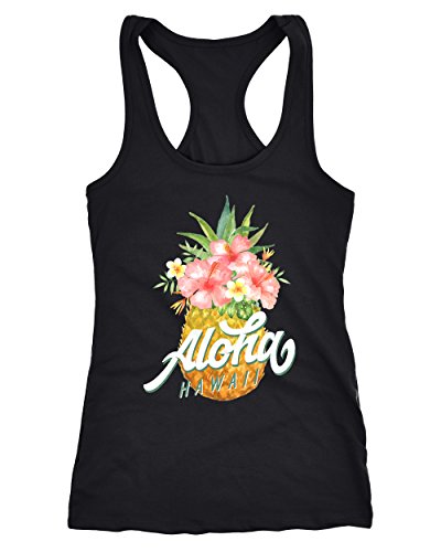 Neverless Damen Tank-Top Ananas Aloha Hawaii Blumen Tropical Paradise Racerback Slim Fit tailliert Baumwolle schwarz L von Neverless