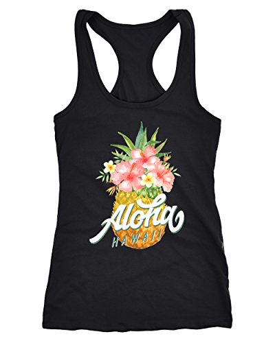 Neverless Damen Tank-Top Ananas Aloha Hawaii Blumen Tropical Paradise Racerback Slim Fit tailliert Baumwolle schwarz S von Neverless
