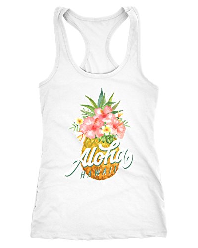 Neverless Damen Tank-Top Ananas Aloha Hawaii Blumen Tropical Paradise Racerback Slim Fit tailliert Baumwolle weiß M von Neverless