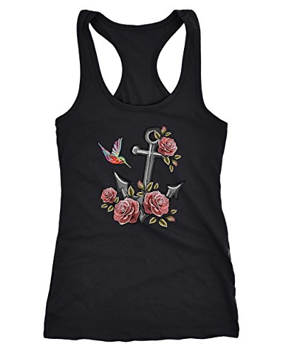 Neverless Damen Tank-Top Anker Rosen Patch Tropical Anchor Stick-Optik Racerback schwarz XL von Neverless