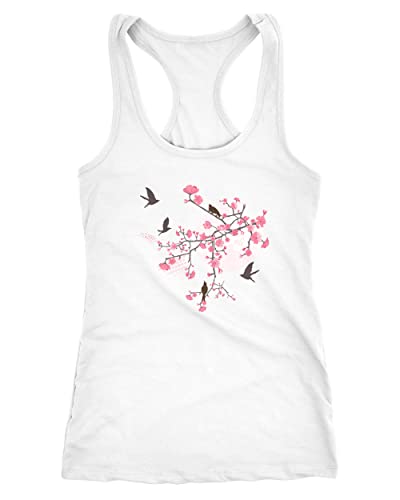 Neverless Damen Tank-Top Cherry Tree Birds Kirschblüten Vögel Racerback weiß L von Neverless