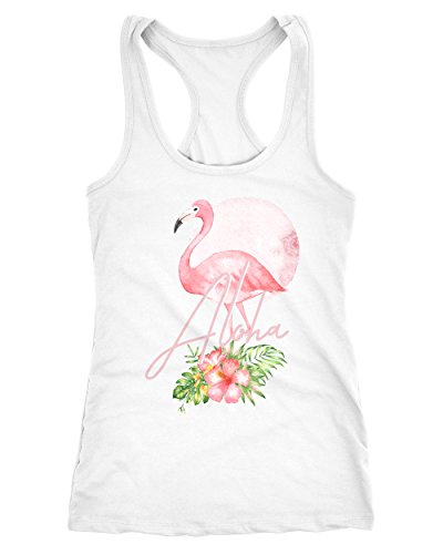 Neverless Damen Tank-Top Flamingo Aloha Tropical Summer Jungle Paradise Hummingbird Racerback Slim Fit Baumwolle weiß M von Neverless