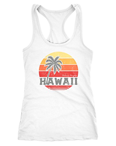 Neverless Damen Tank-Top Hawaii Palme Tropical Summer Retro Slim Fit Baumwolle Racerback weiß L von Neverless