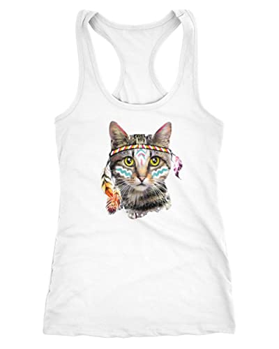 Neverless Damen Tank Top Tanktop Indianer Katze Boho Cat Bohemian Federn Racerback weiß L von Neverless
