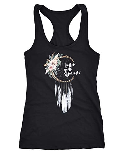 Neverless Damen Tank-Top Traumfänger Dreamcatcher Follow Your Dreams Spruch Blumen Federn Spruch Boho Racerback schwarz XXL von Neverless