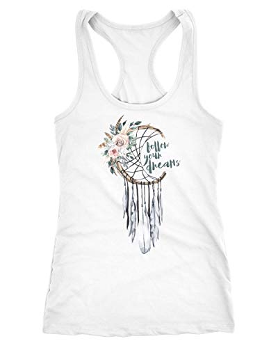 Neverless Damen Tank-Top Traumfänger Dreamcatcher Follow Your Dreams Spruch Blumen Federn Spruch Boho Racerback weiß XL von Neverless