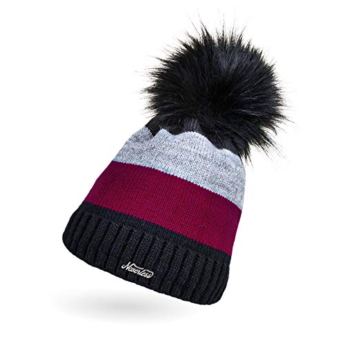 Neverless Dicke, gestreifte Damen Strickmütze gefüttert mit Kunstfell-Bommel, Strick-Beanie, Winter-Mütze, schwarz-Bordeaux-grau Unisize Neverless Dicke, gestreifte Damen Strickmütze gefüttert mit Kunstfell-Bommel, Strick-Beanie, Winter-Mütze, schwarz-Bordeaux-grau Unisize von Neverless