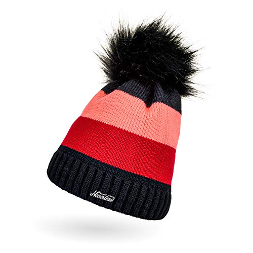 Neverless Dicke, gestreifte Damen Strickmütze gefüttert mit Kunstfell-Bommel, Strick-Beanie, Winter-Mütze, schwarz-rot-hellrot Unisize von Neverless