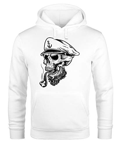 Neverless Herren Hoodie Totenkopf Kapitän Captain Skull Sailor Totenschädel Kapuzen-Pullover Männer weiß L von Neverless