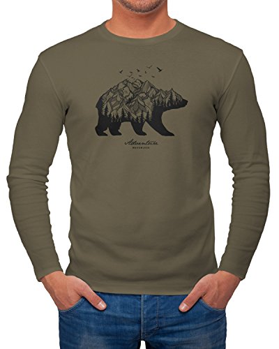 Neverless Herren Long-Sleeve Bär Berge Wald Bear Mountains Adventure Langarm-Shirt khaki XL von Neverless