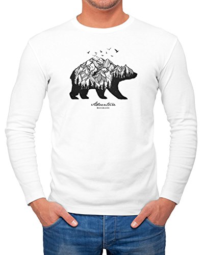 Neverless Herren Long-Sleeve Bär Berge Wald Bear Mountains Adventure Langarm-Shirt weiß S von Neverless