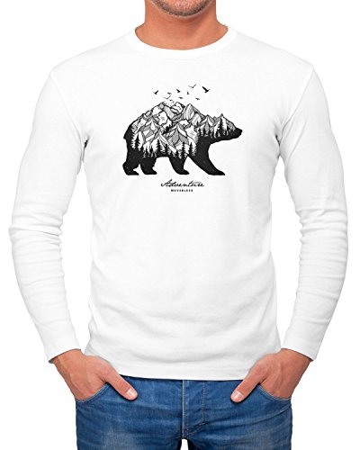 Neverless Herren Long-Sleeve Bär Berge Wald Bear Mountains Adventure Langarm-Shirt weiß XXL von Neverless