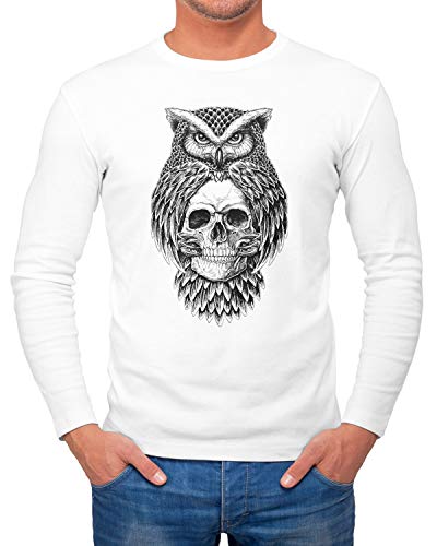 Neverless Herren Long-Sleeve Eule Totenkopf Owl Skull Schädel Langarm-Shirt weiß 3XL von Neverless