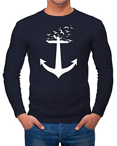 Neverless Herren Longsleeve Anker Vögel Anchor Birds Langarmshirt navy L von Neverless