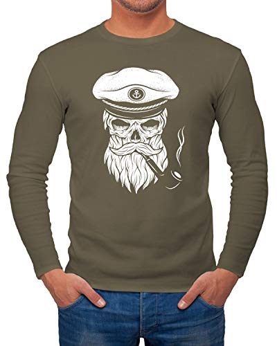 Neverless Herren Longsleeve Totenkopf Captain Skull Kapitän Anker Langarmshirt khaki L von Neverless