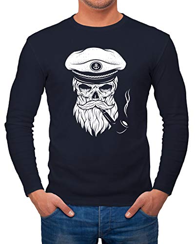 Neverless Herren Longsleeve Totenkopf Captain Skull Kapitän Anker Langarmshirt navy 3XL von Neverless