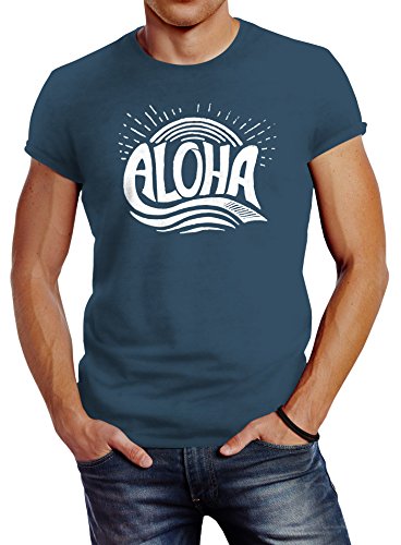 Neverless Herren T-Shirt Aloha Wellen Surfing Sommer Slim Fit Denim Blue XL von Neverless